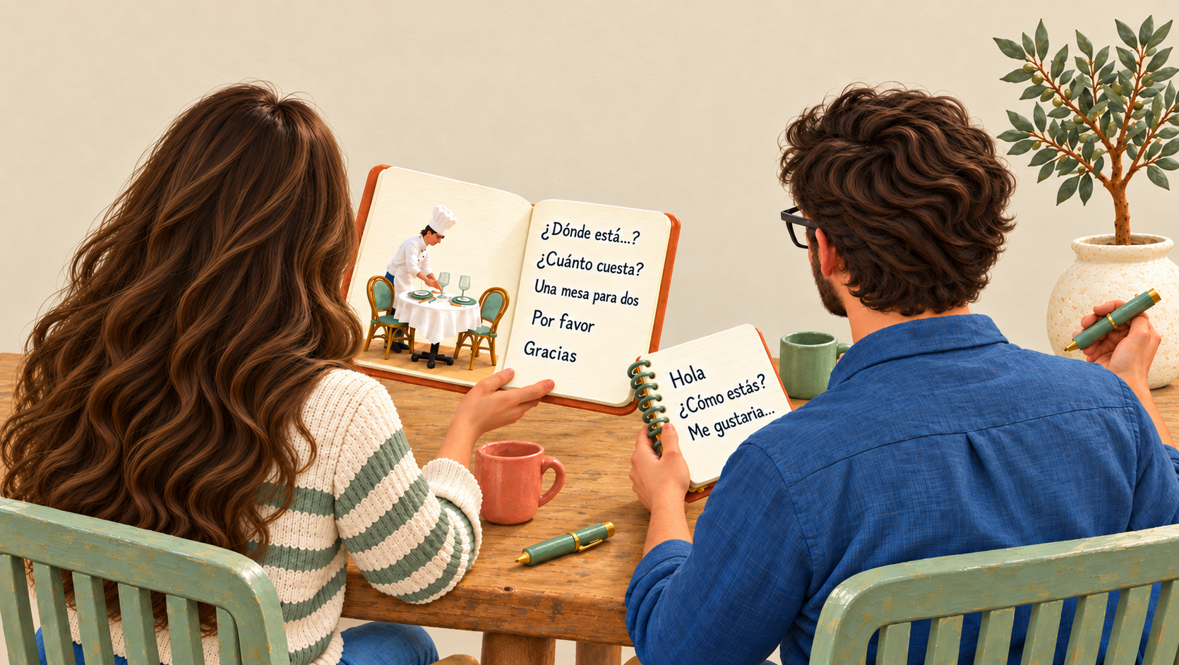 Adults learning Spanish at a rustic oak table.