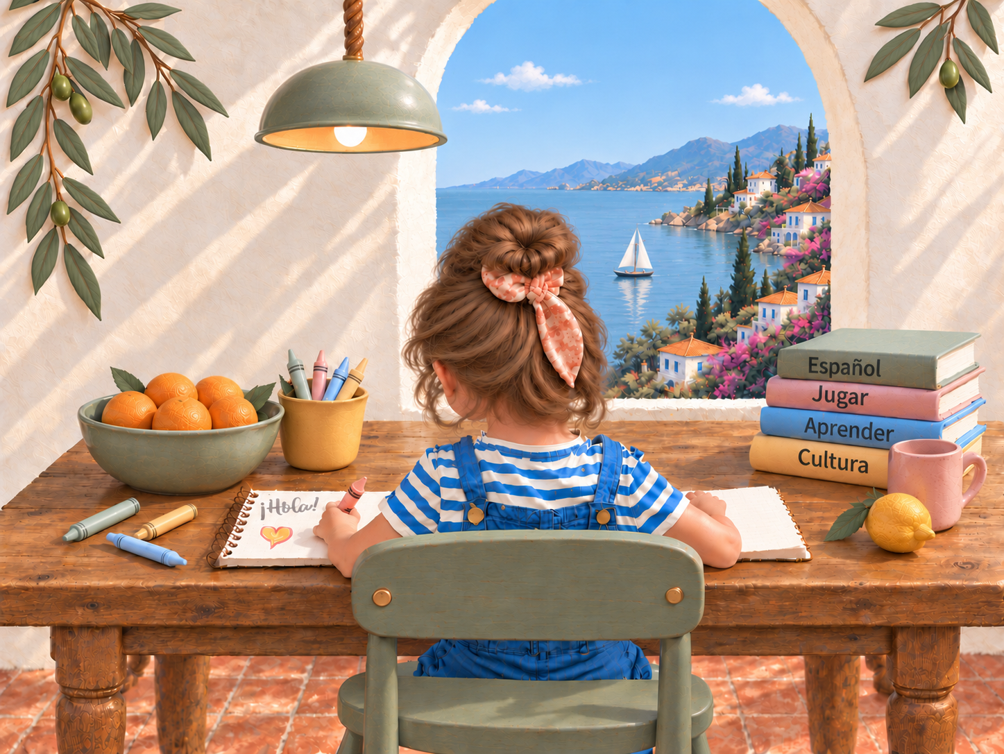 The saved approved artwork: a girl at a centred rustic oak table, with the full detailed sage lamp and rope, Mediterranean coastal houses, sea, flowers, pastel ceramics and fruit.