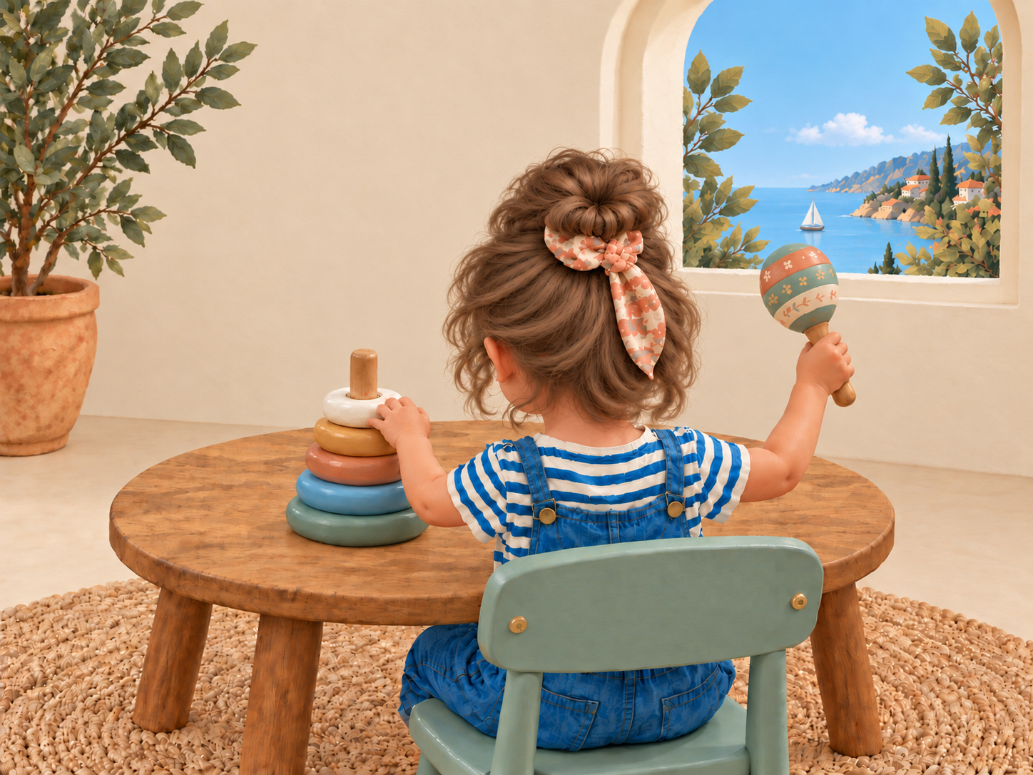 A child at a nursery table touching a pastel wooden stacking toy while raising a maraca.