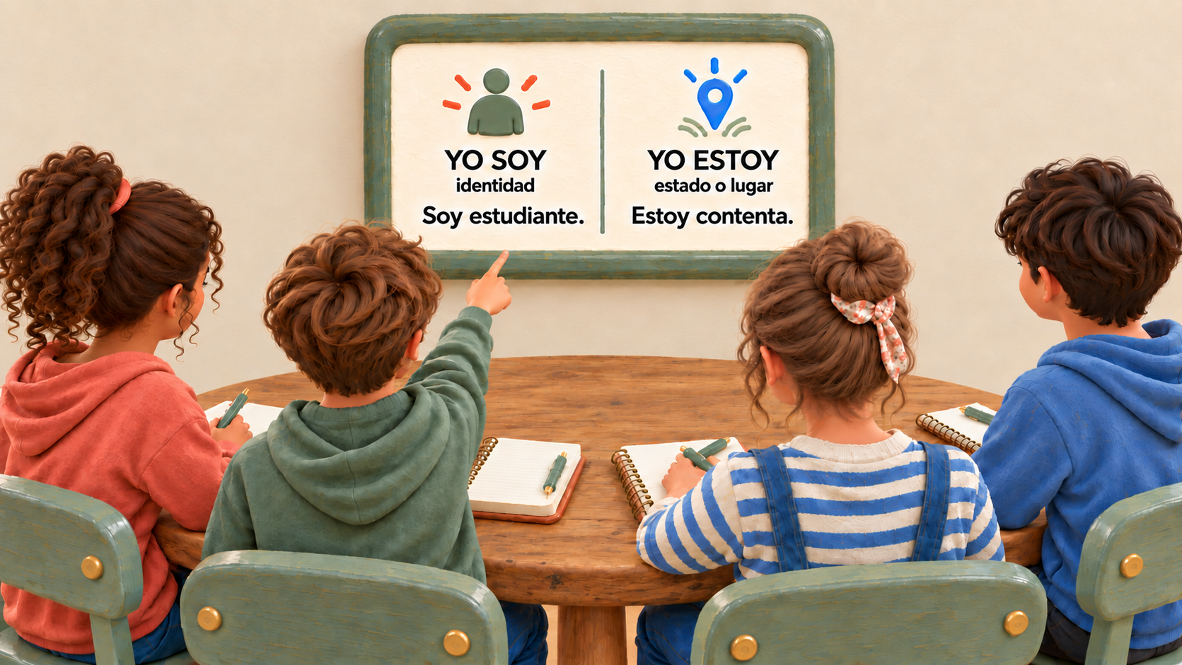 Older children practising Spanish at a rounded rustic oak table.